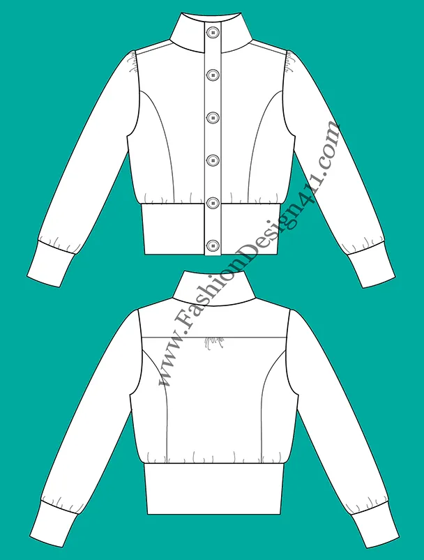 A Fashion Flat Sketch (025) of a women's cropped jacket with princess stylines
