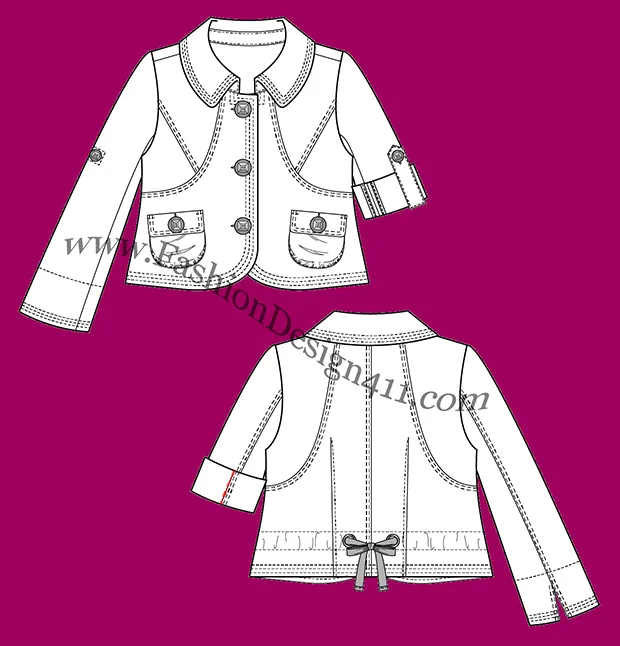 A Fashion Flat Sketch (027) of a women's, cropped, 3-button jacket with roll-up sleeves