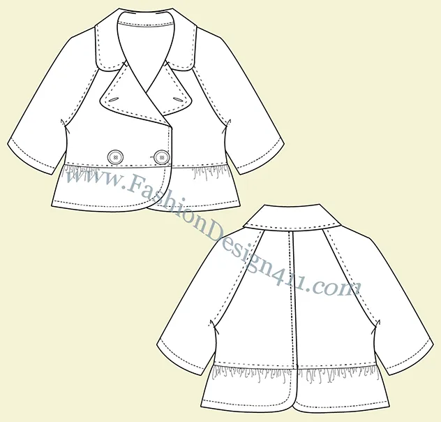 A Fashion Flat Sketch (029) of a women's raglan sleeves, double breasted peplum jacket