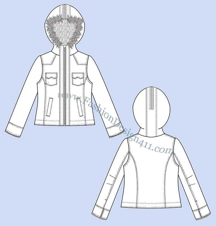 A Fashion Flat Sketch (032) of a women's cropped hoodie jacket with fur trim