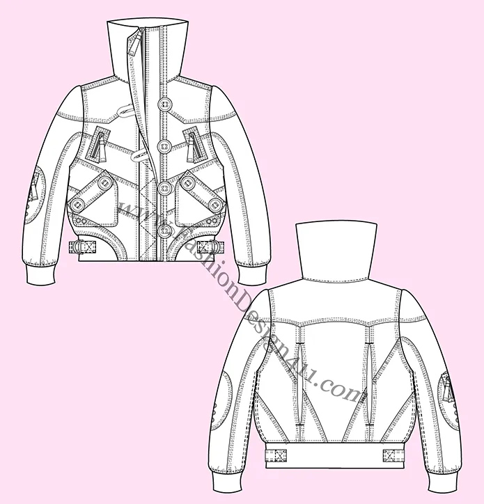 An elaborate Fashion Flat Sketch (036) of a women's, funnel collar puffer jacket with multiple pockets