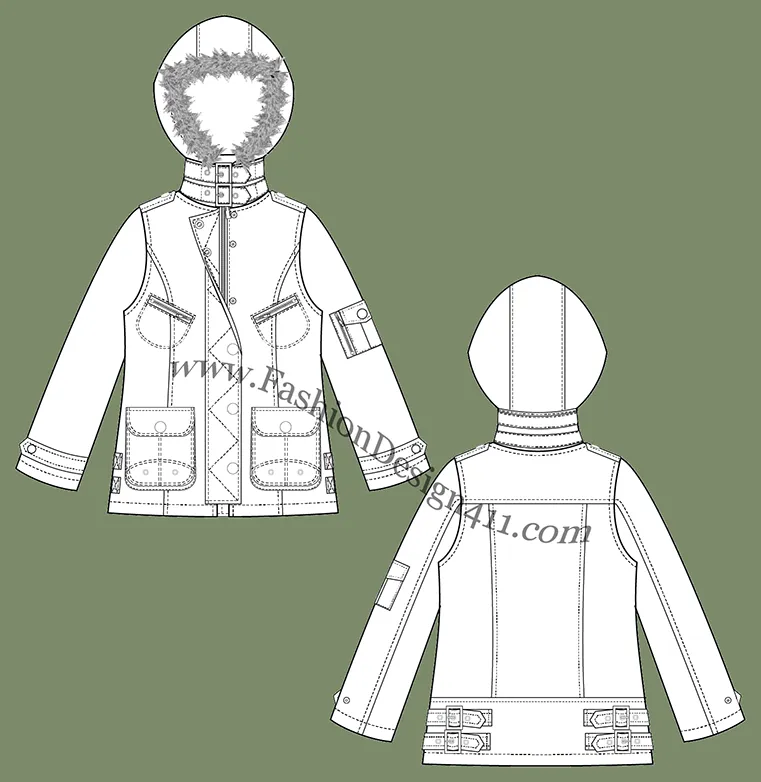A detailed Fashion Flat Sketch (038) of a women's, fur trim hooded jacket with buckled tabs