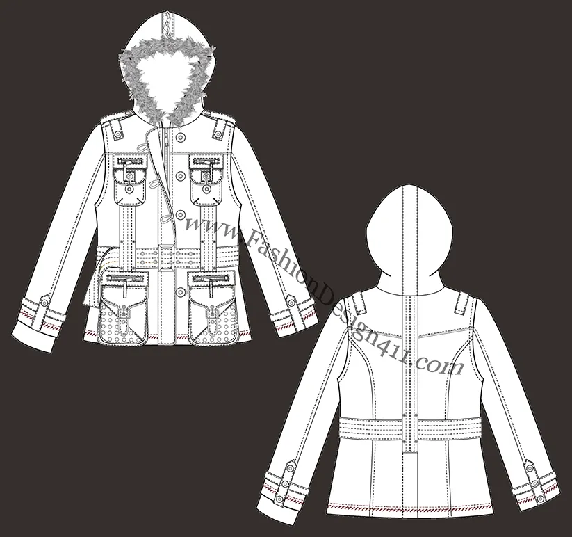 An elaborate Fashion Flat Sketch (040) of a women's belted, multi pockets jacket with fur trim hood