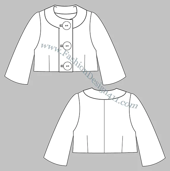 A Fashion Flat Sketch (041) of a women's, cropped, crew neck jacket with extra large buttons placket