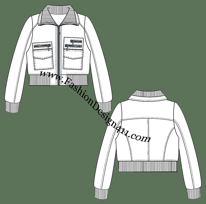 A Fashion Flat Sketch (042) of a women's cropped, windbreaker jacket with rib collar