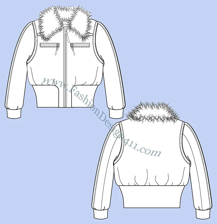 A Fashion Flat Sketch (043) of a women's cropped puffer jacket with fur collar