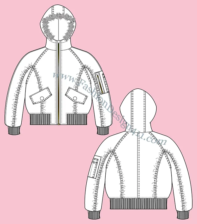 A Fashion Flat Sketch (044) of a women's raglan sleeves, hooded puffer jacket with fur trim