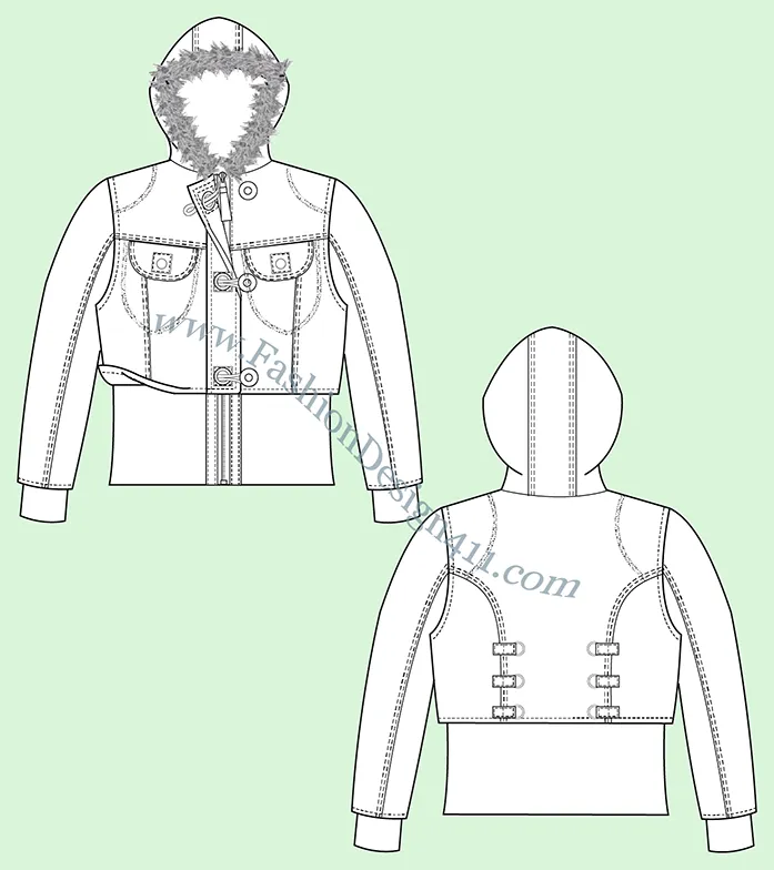 A Fashion Flat Sketch (045) of a women's high bottom, hooded puffer jacket with fur trim