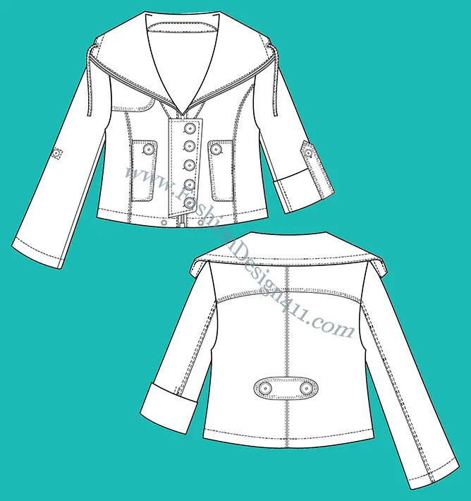 A Fashion Flat Sketch (046) of a women's, rolled up sleeve, wide collar jacket