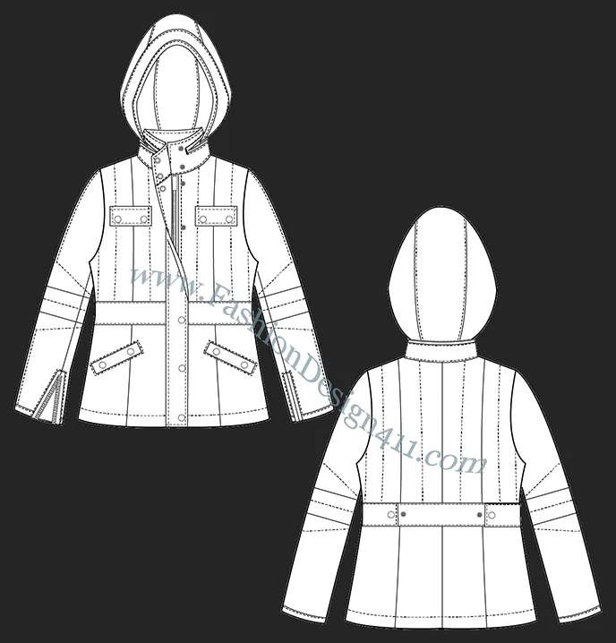 A Fashion Flat Sketch (047) of a women's puffer jacket with a hood