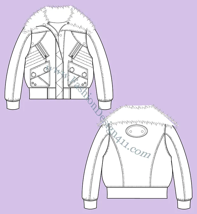 A Fashion Flat Sketch (048) of a women's cropped puffer jacket with fur collar