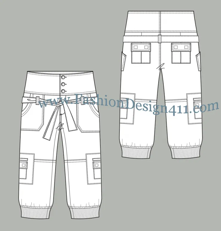 017 fashion flat sketch of a women's, wide wiastband, belted, capri pants with rib leg cuffs