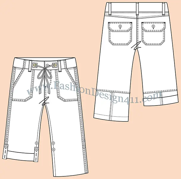 019 A fashion flat sketch of a rolled-up women's, draw string capri with patched pockets