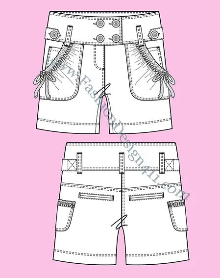 020 A fashion flat sketch of a women's, front to back, ruched with tied in a bow draw string, patch pockets shorts