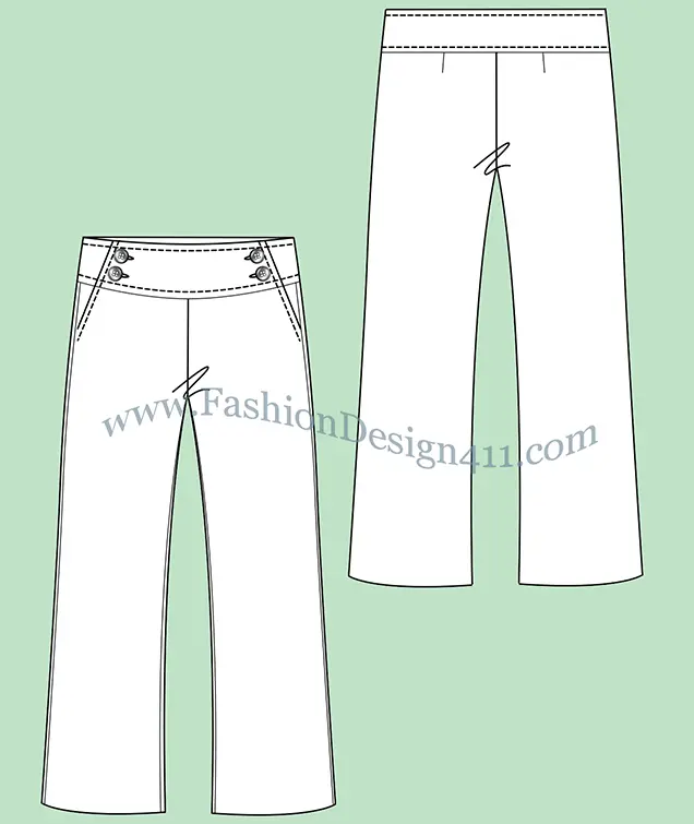 021 A fashion flat sketch of a women's, sailor style closure, wide cut, dress pants