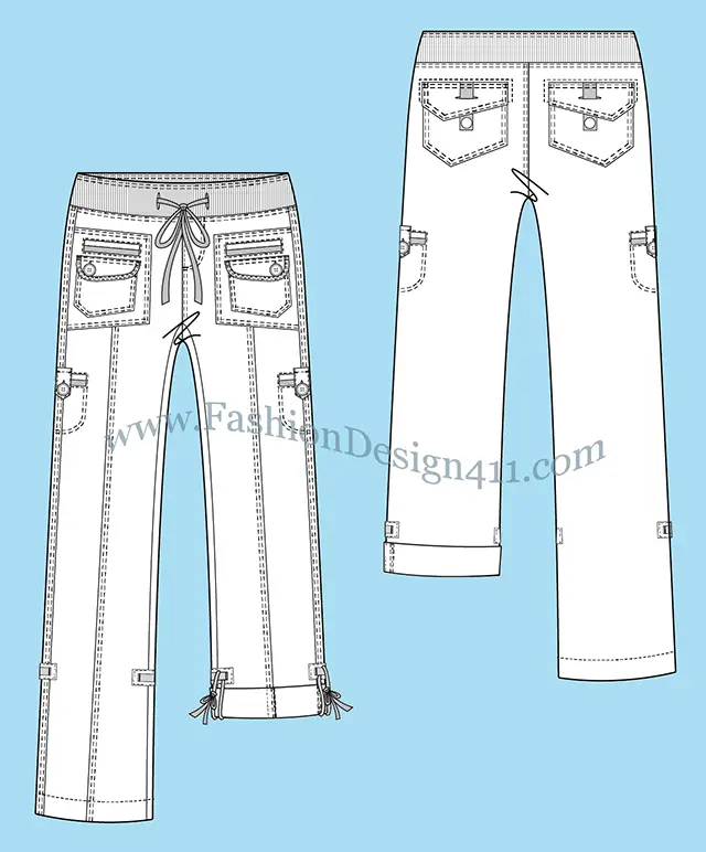 023 A detailed fashion flat sketch of a rolled- up women's, draw string pants with multiple, patched pockets.