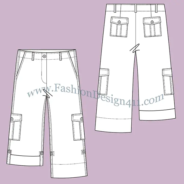 024 A fashion flat sketch of a rolled-up women's cropped cargo pants with safari style pockets