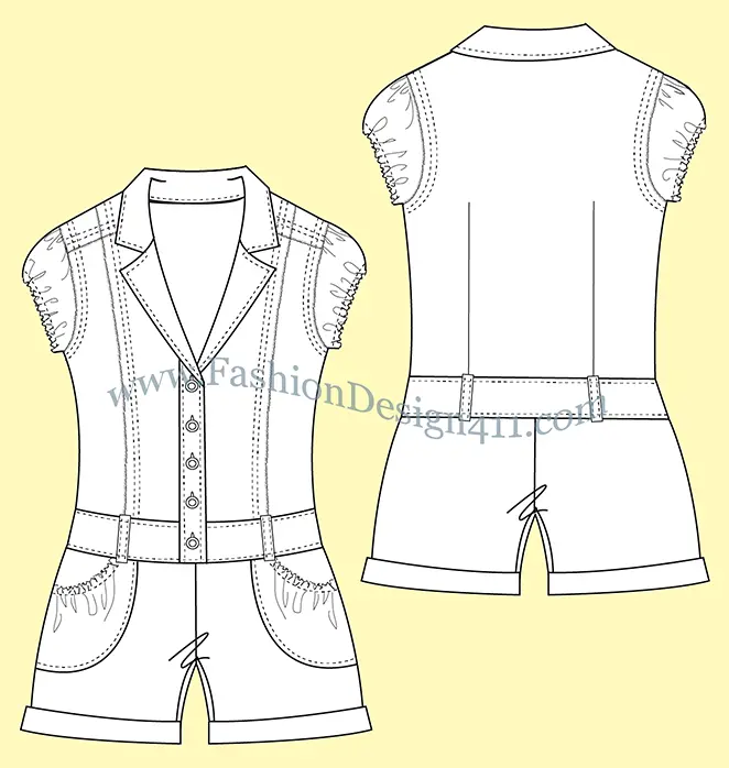 025 A fashion flat sketch of a women's, gathered with elastic cap sleeves, notched collar romper
