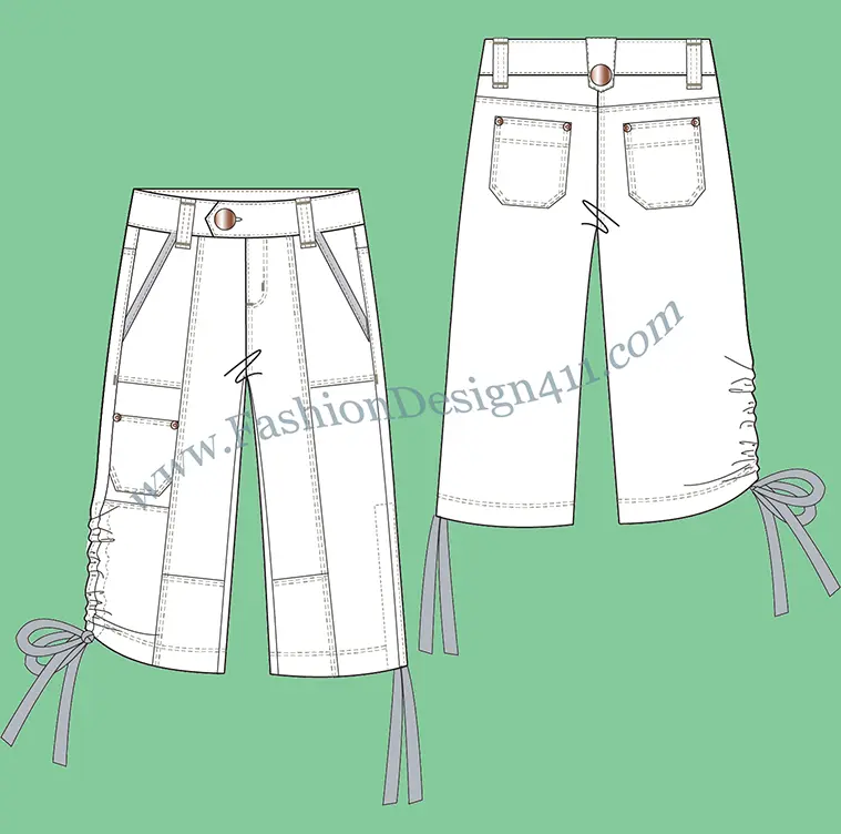 (027) A fashion flat sketch of a women's, gathered with draw string at side seam, capri pants
