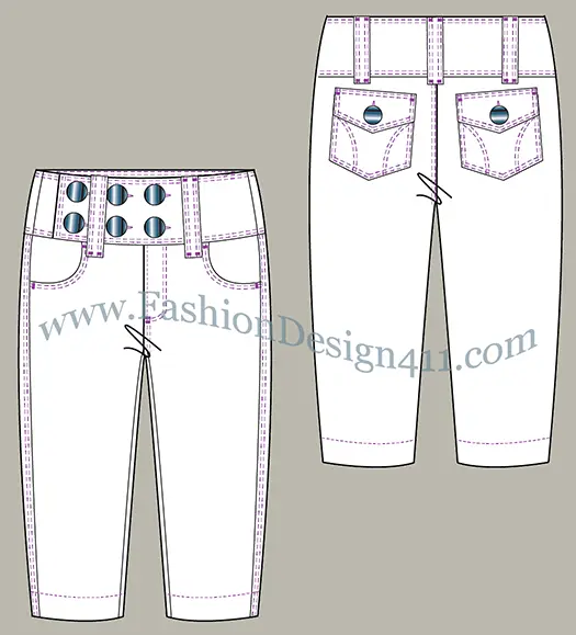 (029) A fashion flat sketch of a women's, wide, 6-button closure waistband, slim cut, capri pants
