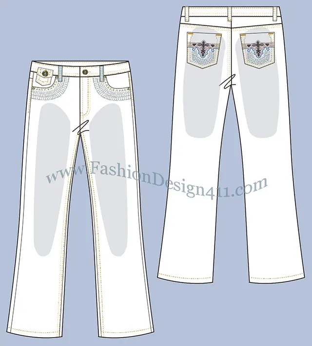 A fashion flat sketch (030) of a women's boot cut jeans with embellishment