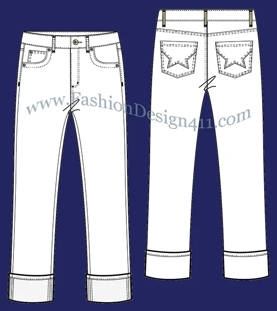 A Fashion Flat Sketch (032) of a women's 5-pocket, cuffed jeans