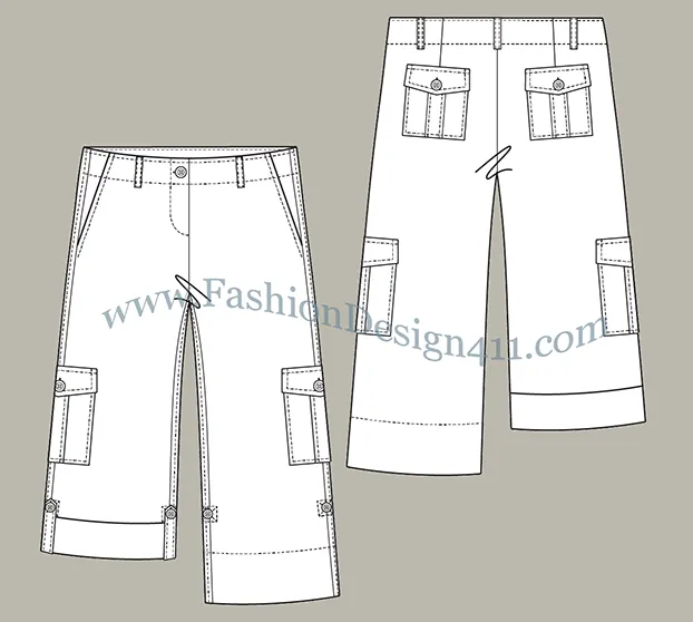 A Fashion Flat Sketch (033) of a wide cut women's cropped cargo pants