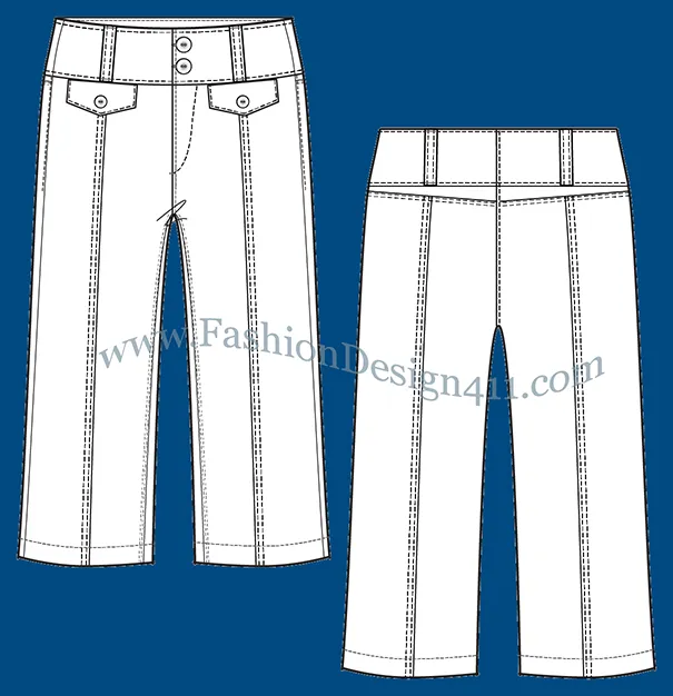 A Fashion Flat Sketch (035) of a women's casual, cropped pants with decorative top stitching