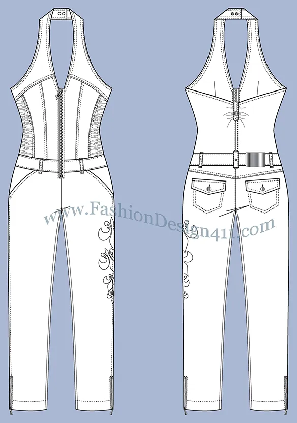 A Fashion Flat Sketch (036) of a halter top women's jumpsuit with zipper front