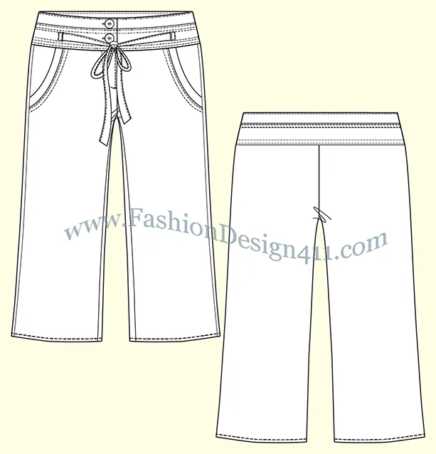 A Fashion Flat Sketch (037) of a bow tied at the front women's wide leg cropped pants