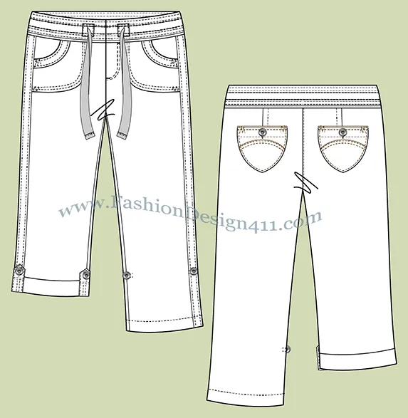 A Fashion Flat Sketch (039) of a rolled-up women's draw string capri pants