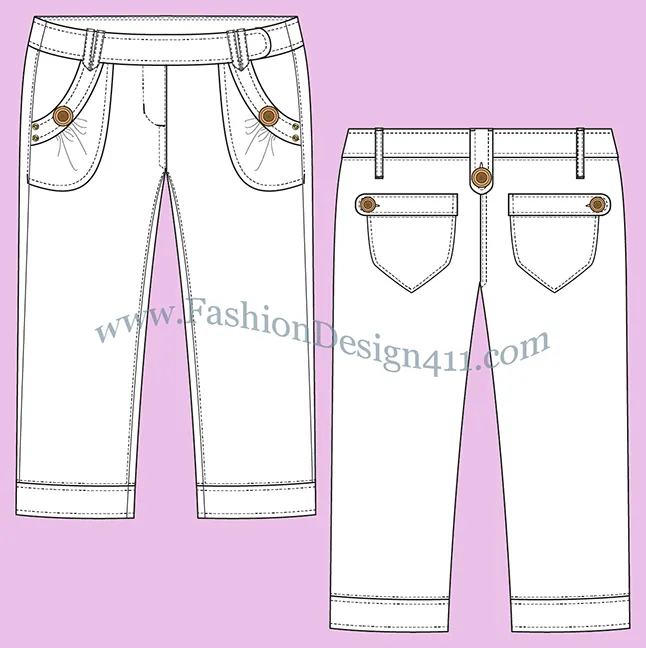 A Fashion Flat Sketch (040) of a cuffed women's capri pants with novelty pockets