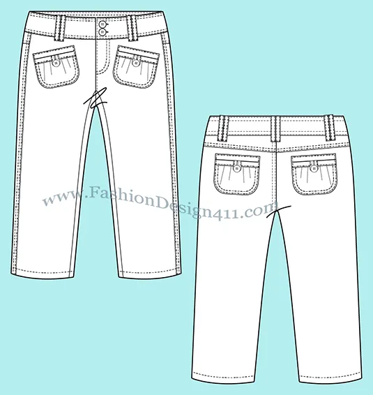 A Fashion Flat Sketch (042) of a women's tapered capri pants with cute pockets