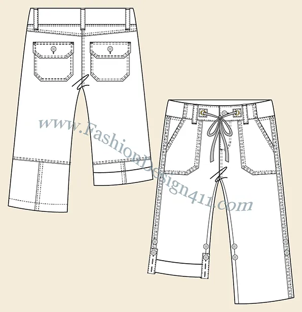 A Fashion Flat Sketch (047) of a wide cut women's rolled-up capri pants with draw sting waistband