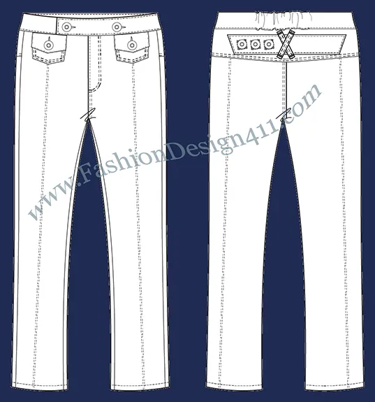 A Fashion Flat Sketch (049) of a women's casual pants with elastic at the waistband back