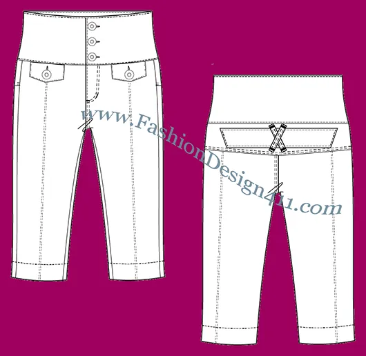 A Fashion Flat Sketch (050) of a women's wide, knit wiastband capri pants
