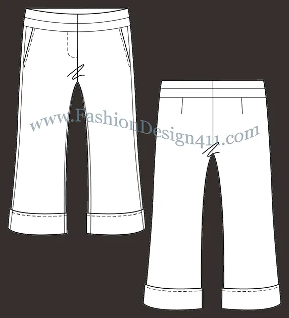 A Fashion Flat Sketch (051) of a women's cuffed, cropped pants