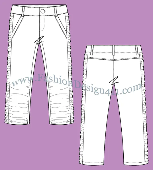 A Fashion Flat Sketch (052) of a women's ruched side inserts, cropped pants