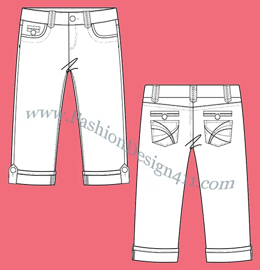 A Fashion Flat Sketch (053) of a women's rolled up leg, capri pants with novelty pockets and belt loops