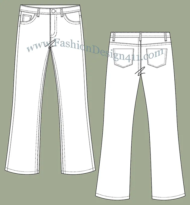 A Fashion Flat Sketch (061) of a 5-pocket, boot cut women's jeans