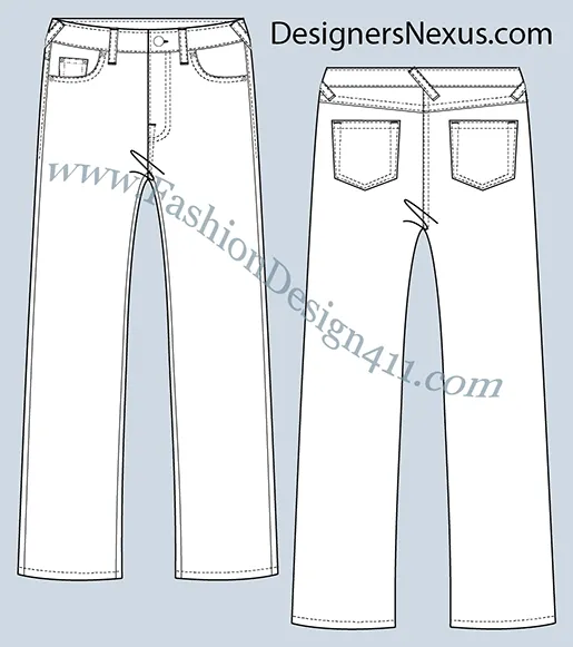 A Fashion Flat Sketch (062) of a 5-pockets, straight cut, women's jeans