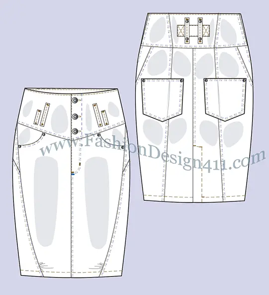 A Fashion Flat Sketch (016) of a women's v-yoke pencil skirt