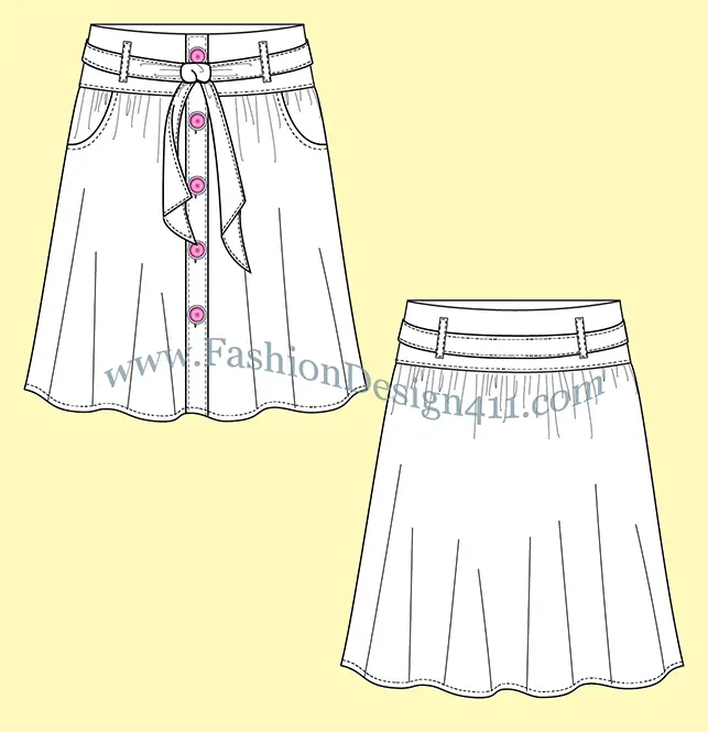 A Fashion Flat Sketch (027) of a women's buttoned down, flared skirt with sash belt