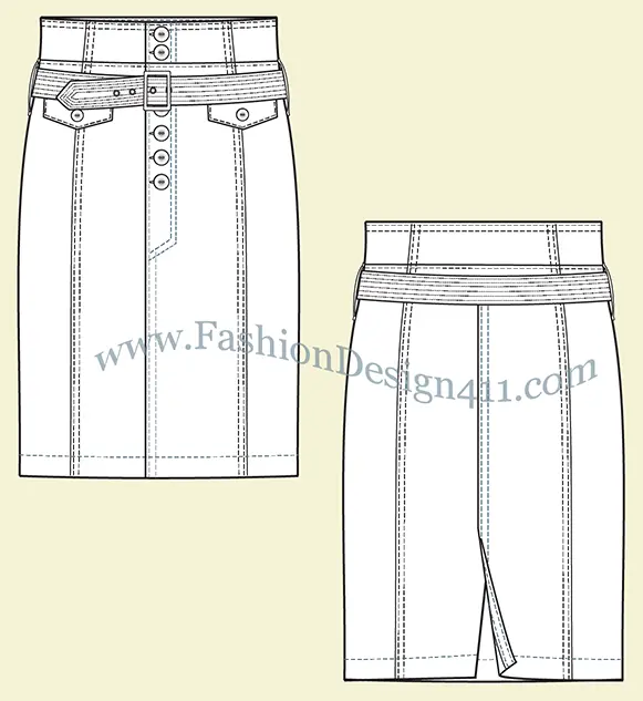 A Fashion Flat Sketch (028) of a women's, 8 panels belted skirt
