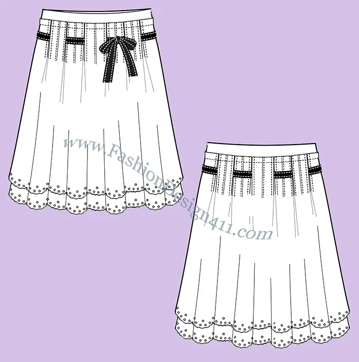 A Fashion Flat Sketch (029) of a women's scalloped hemline, layered skirt