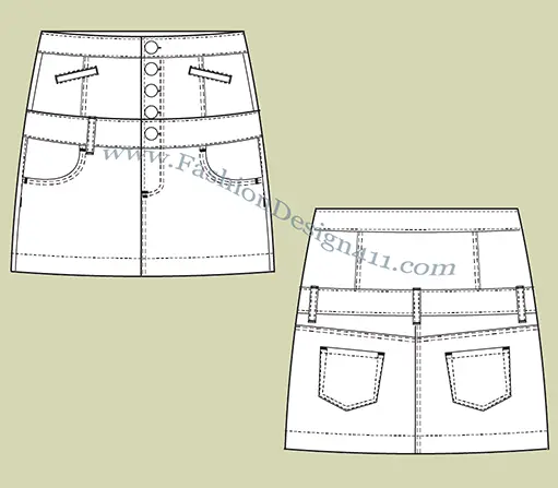 A Fashion Flat Sketch (031) of a women's double waist, mini skirt