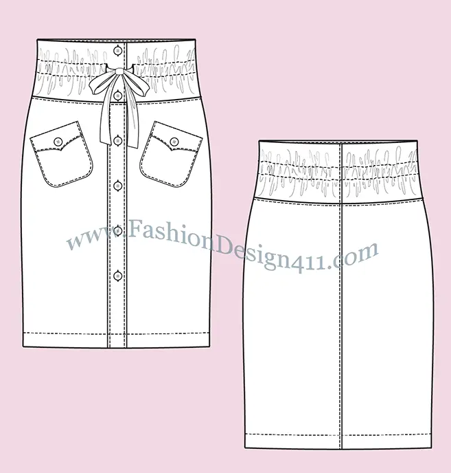 A Fashion Flat Sketch (032) of a women's button down draw string skirt