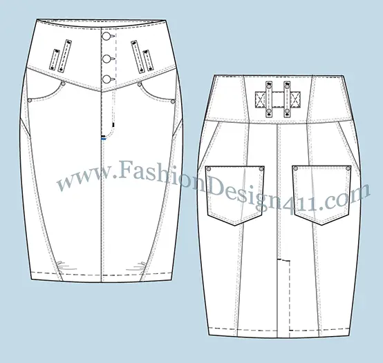 A Fashion Flat Sketch (035) of a women's yoke based pencil skirt