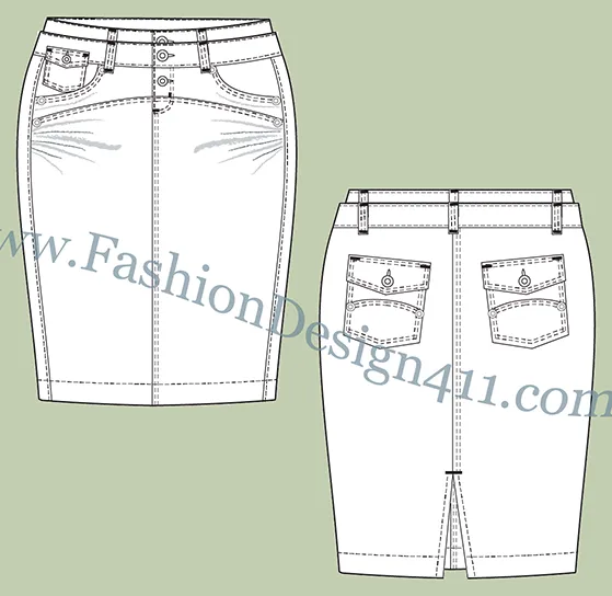 A Fashion Flat Sketch (046) of a women's double waist band, pencil skirt