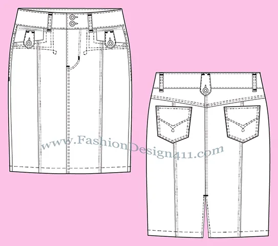 A Fashion Flat Sketch (037) of a women's straight denim skirt with button down tabs